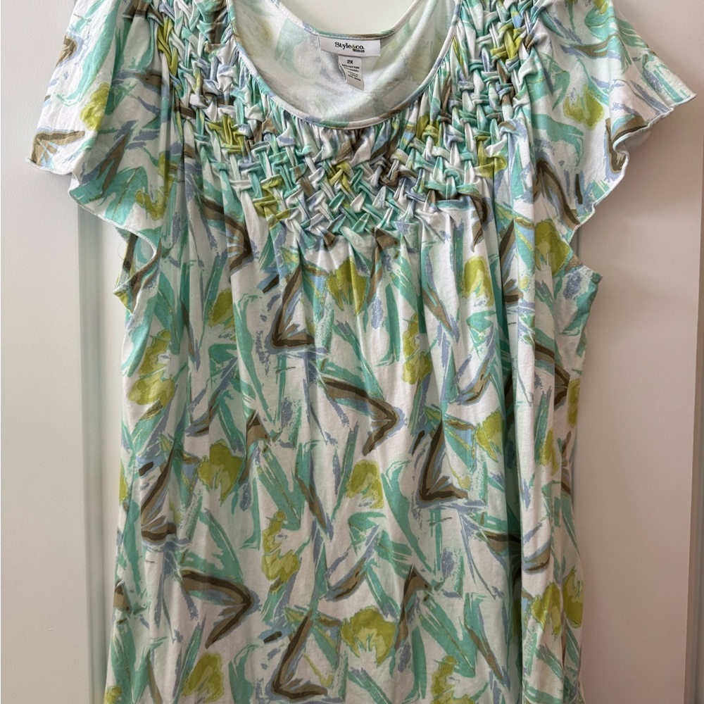 Style & Co. Green and White Blouse with Smocked Neckline
